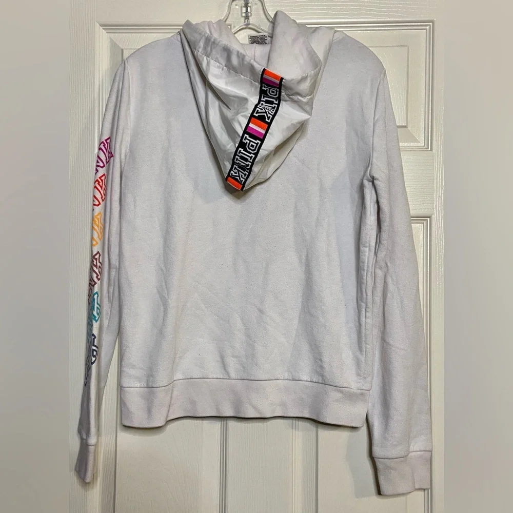 VS PINK PERFECT FULL ZIP HOODIE SWEATSHIRT ANORAK JACKET WHITE RAINBOW LOGO